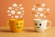 © Pixels Hunter - Two smiling coffee mugs with speech bubbles above them symbolizing communication and cheerful conversation on orange background.