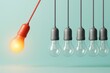 © Pixels Hunter - One illuminated orange light bulb striking five unlit bulbs against light blue background, symbolizing innovation and business concept. Ai generative.