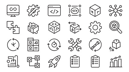 collection of minimalist software and development icons representing coding and technology