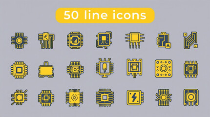 Collection of twenty distinct yellow and blue computer chip line icons on a gray background created with generated ai
