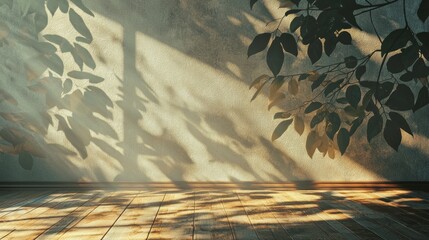 Fototapete - Empty interior room space with natural light casting shadows of leaves on the wall and floor