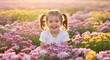 © NN AI - Laughing girl with pigtails sitting in colorful wildflower meadow during sunset. Child in white shirt surrounded by pink and yellow cosmos flowers. Spring joy and nature exploration. Garden sale
