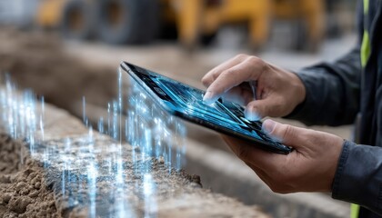 Fototapete - A person is holding a tablet and is looking at a screen with a blue