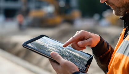 Poster - A man is looking at a tablet with a finger pointing at something