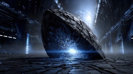 Poster - A large rock is sitting on a rocky surface in a dark room