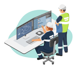 female industrial engineer designing mechanical component on dual monitor workstation in modern cont