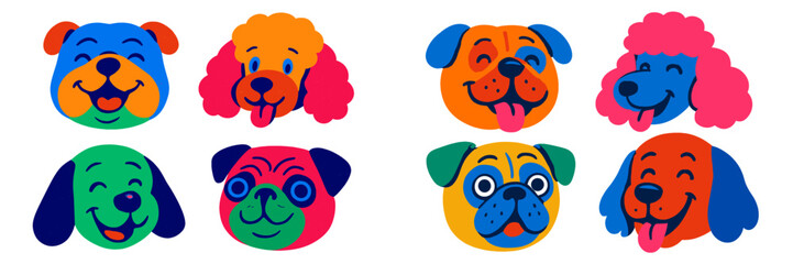 Aufkleber - Colorful cartoon dog faces in playful designs showcasing various expressions and breeds in vibrant hues on a white background