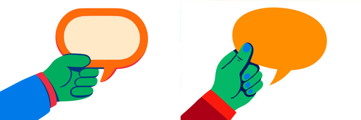 Poster - Colorful hand illustrations holding speech bubbles representing communication and dialogue in a fun, creative manner