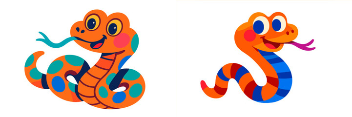 Aufkleber - Colorful cartoon snakes playfully coiling and sticking out their tongues in a whimsical illustration