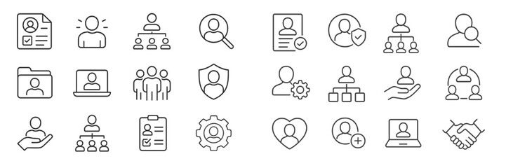 Poster - Unique line icons representing various aspects of teamwork, leadership, and communication in a professional setting