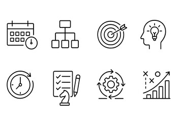 Poster - Icons representing time management, planning, productivity, and strategy in a minimalist style for business applications