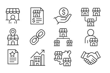 Leinwandbilder - Concepts of business growth, partnerships, and market strategies illustrated through simple line icons in a minimalist design