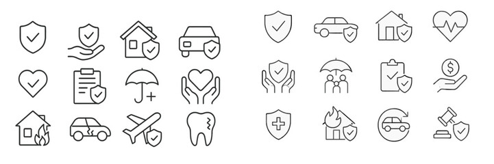 Aufkleber - Collection of insurance and protection icons featuring hearts, homes, vehicles, and health symbols in minimalist design style