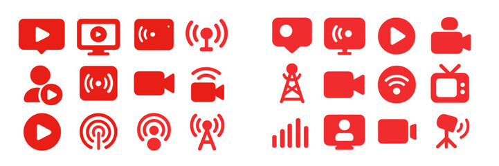 Aufkleber - Icons representing various media types and digital communication platforms in bright red color