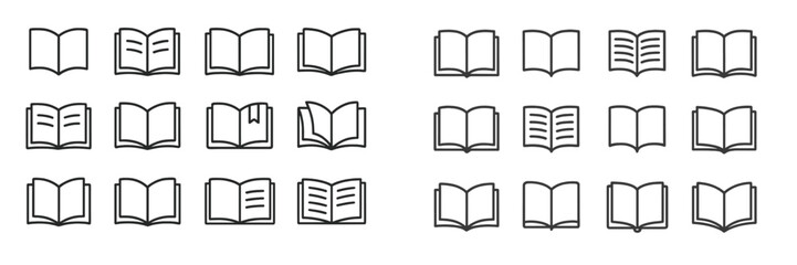 Aufkleber - Line art illustrations of various book designs showcasing different styles and open pages