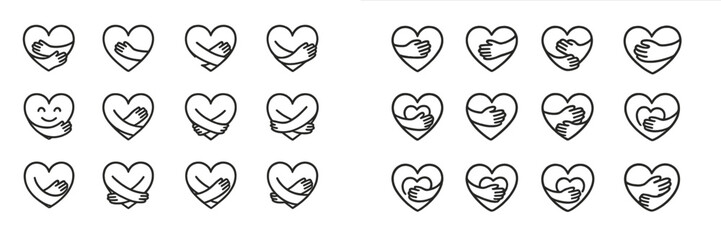 Poster - Heart-themed icons depicting love and care through various hand gestures and embraces in a minimalist design