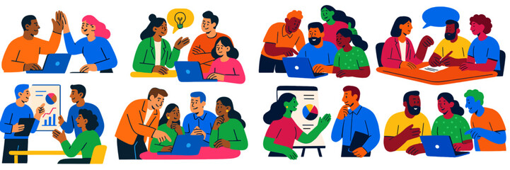 Aufkleber - Group of diverse individuals collaborating in a vibrant office setting, sharing ideas and solutions during a brainstorming session