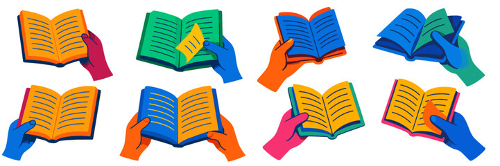 Aufkleber - Colorful hands holding open books in various positions showcasing reading and learning activities