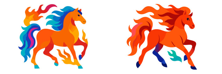 Aufkleber - Colorful illustrated horses with flowing manes in vibrant colors, displaying dynamic movement and energy during daytime