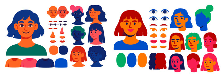 Aufkleber - Diverse character design elements showcasing various hairstyles, facial features, and expressions for creative projects