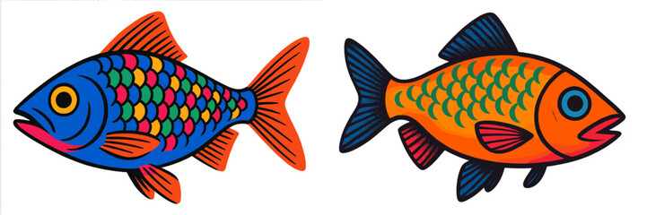 Poster - Colorful fish illustrations in vibrant designs showcasing artistic creativity and whimsical style