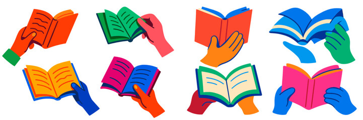 Aufkleber - Colorful hands holding open books in a playful arrangement representing reading and learning activities