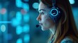 © Pro Clipart - Close-up of a woman with a headset and a digital interface on her face, set against a blue background. Ideal for technology, AI, or customer service themes.