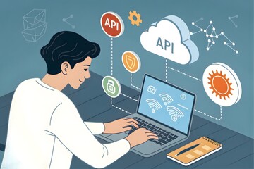 api application programming interface concept. a programmer types on a laptop, interacting with digi