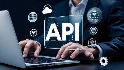 API Application Programming Interface Concept. A programmer types on a laptop, interacting with digital icons representing API development, security, and cloud computing. Application Software Tool
