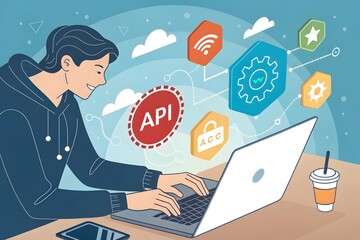 api application programming interface concept. a programmer types on a laptop, interacting with digi