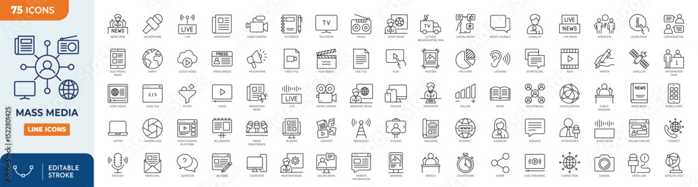 Mass Media line editable icon set. Containing Mass media, journalism ...