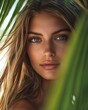 © ArtmediaworX - Sexy and beautiful woman posing at a tropical beach next to a palm tree. Generative Ai