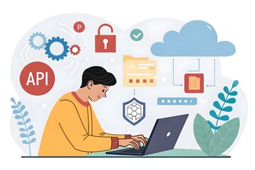 api application programming interface concept. a programmer types on a laptop, interacting with digi