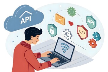 api application programming interface concept. a programmer types on a laptop, interacting with digi