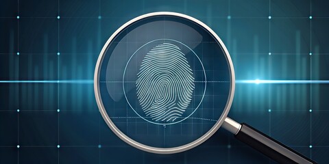 Poster - Digital Banking Concepts and Innovations. Magnifying glass focusing on a fingerprint with digital elements in the background.