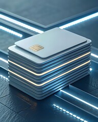 Poster - Digital Banking Concepts and Innovations. Stack of sleek, modern credit cards on a futuristic surface.