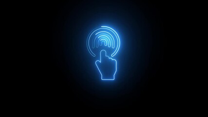 Wall Mural - Bold Blue Neon Cybersecurity Icon Glowing in the Dark. Animated Blue Neon Thumbprint Scanner Icon on Black Wall. Blue Neon Fingerprint Recognition Symbol on Textured Wall.