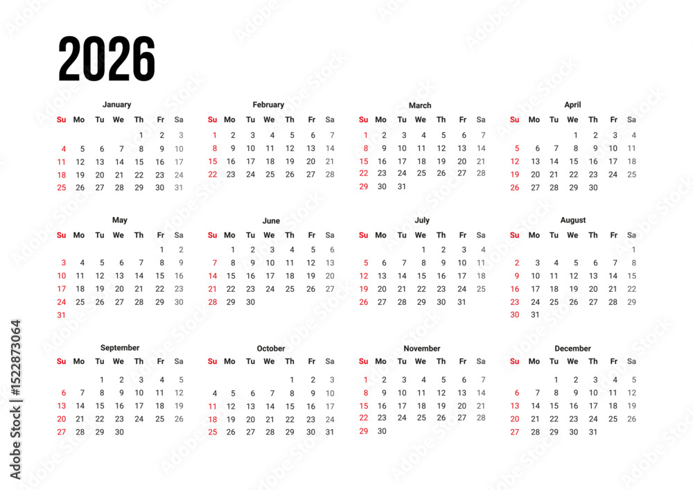 Simple calendar 2026 with week start Sunday. Vector design template ...