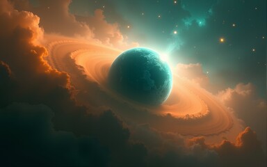 Wall Mural - Teal planet surrounded by orange nebula, cosmic scene suggesting mystery and vastness, ideal for science fiction or fantasy themes. High quality