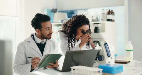 Wall Mural - tablet, science and microscope with people in lab for clinical trial, pharmacy or medical study. hea