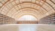 © sam - Spacious library with wooden bookshelves and arched ceiling.
