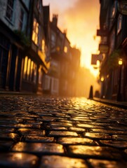 Wall Mural - sunset over cobblestone street lined with historic buildings, creating a warm, inviting atmosphere