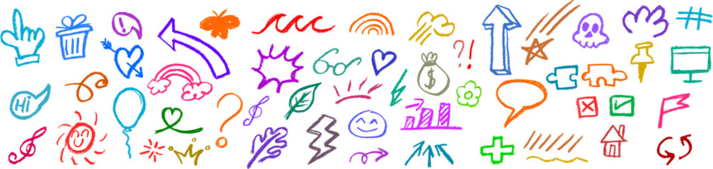 Wall Mural - Random Crayon Doodle Drawings Vector Set