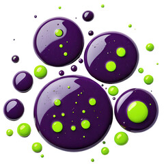 Fototapete - Clusters of glossy purple and green paint droplets arranged in a circular pattern.