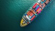 © MAGNIFIER - Container ship in import export and business logistic.By crane ,Trade Port , Shipping.cargo to harbor.Aerial view.Water transport.International.Shell Marine.Top view.