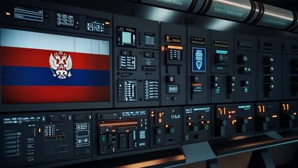 Futuristic control panel with Russian flag displayed on screen