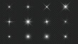 © Quede Stock - Realistic star light effect set with glow sparkle and burst elements, transparent isolated shine collection, vector highlights for UI, overlay, design, and digital lighting compositions