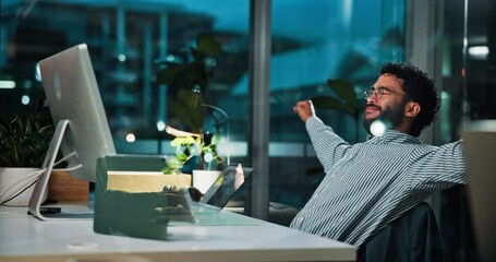 Poster - Night, tired and man with computer, burnout and fatigue with proofreading for article. Evening, exhausted and journalist in office, pc and editor with deadline, yawning and research for news report