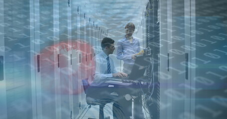 image of binary code and eye scanning over caucasian men checking servers