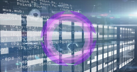 image of purple circle moving against digital interface with programming codes and graphs